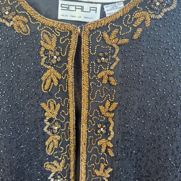 Scala Vintage Black Beaded Silk Open Front Evening Jacket Gold Boarder XL - Picture 5 of 10